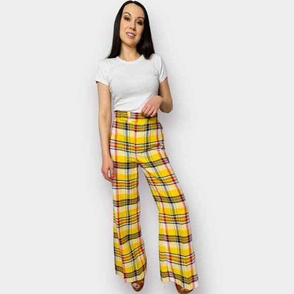 70s Yellow Plaid Bell‎ Bottoms - Picture 1 of 11